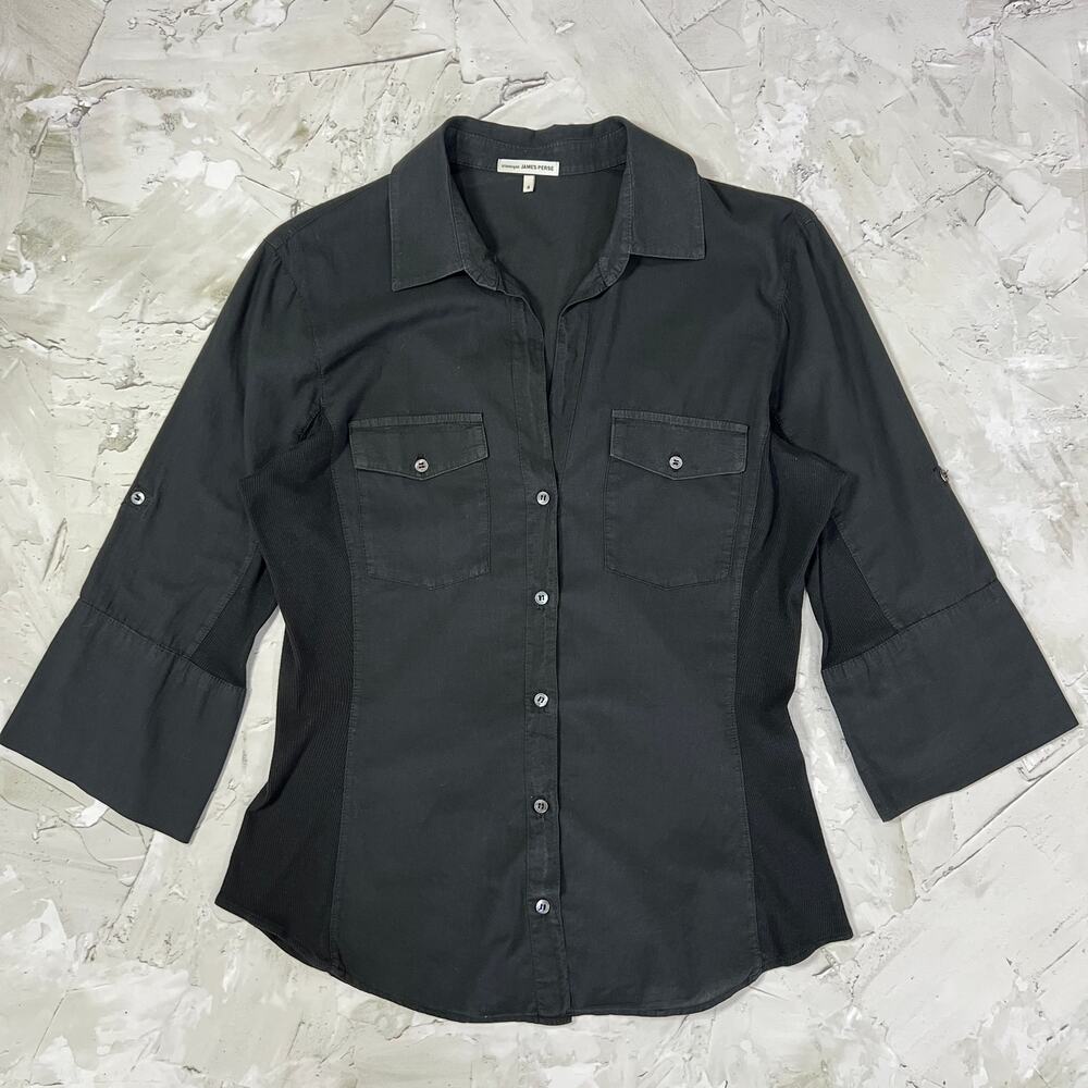 James Perse Contrast Panel Shirt SIZE 4 XL Black Button Front Pocket Minimal USA